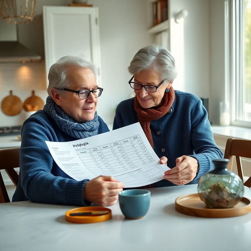 Osoba ve věku 50+ prohlíží tabulku měsíčního rozpočtu u kuchyňského stolu